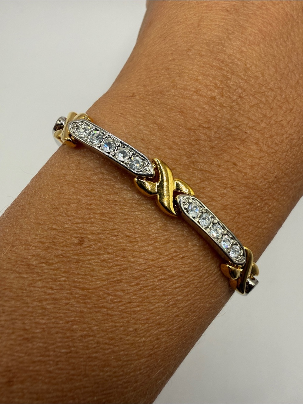 Vintage Silver Gold Tone Rhinestone Chain Link Bangle Cuff Statement Bracelet